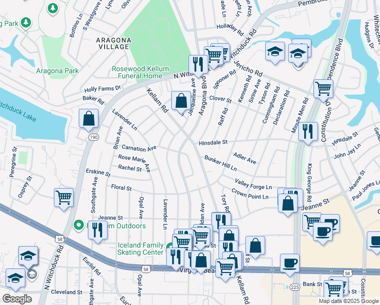 map of restaurants, bars, coffee shops, grocery stores, and more near 540 Carnation Avenue in Virginia Beach