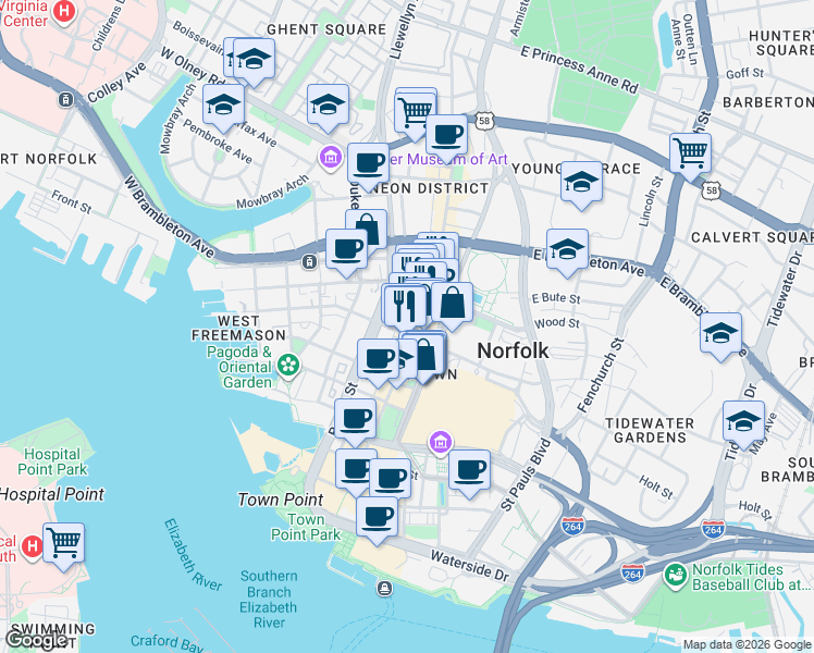 map of restaurants, bars, coffee shops, grocery stores, and more near 401 Granby Street in Norfolk
