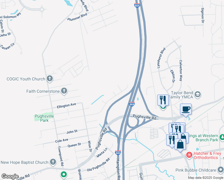 map of restaurants, bars, coffee shops, grocery stores, and more near 3110 Monitor Court in Chesapeake