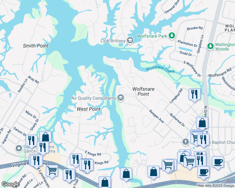 map of restaurants, bars, coffee shops, grocery stores, and more near 2627 Cove Point Place in Virginia Beach