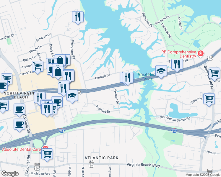 map of restaurants, bars, coffee shops, grocery stores, and more near 1408 U.S. 58 in Virginia Beach