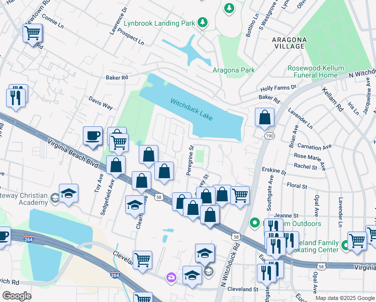 map of restaurants, bars, coffee shops, grocery stores, and more near 452 Peregrine Street in Virginia Beach