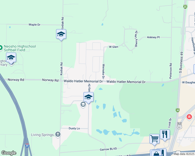 map of restaurants, bars, coffee shops, grocery stores, and more near 1754 Waldo Hatler Memorial Drive in Neosho