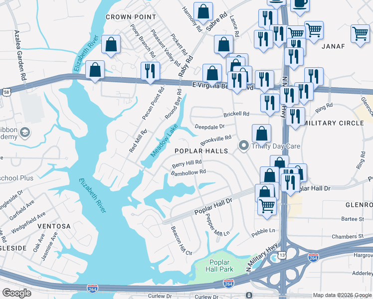 map of restaurants, bars, coffee shops, grocery stores, and more near 708 Bayberry Lane in Norfolk