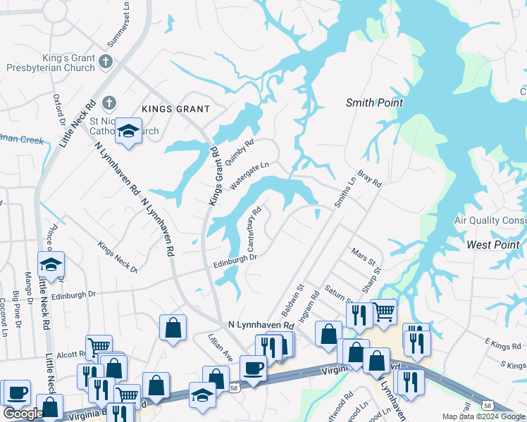 map of restaurants, bars, coffee shops, grocery stores, and more near 536 Canterbury Road in Virginia Beach