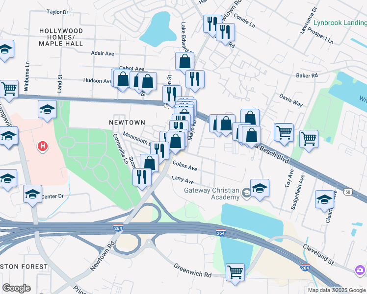 map of restaurants, bars, coffee shops, grocery stores, and more near 5624 Elam Avenue in Virginia Beach
