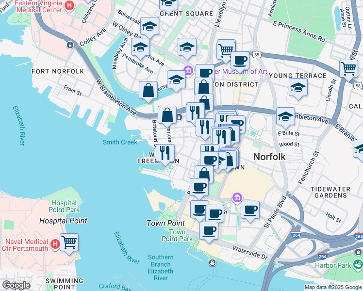 map of restaurants, bars, coffee shops, grocery stores, and more near 323 Yarmouth Street in Norfolk