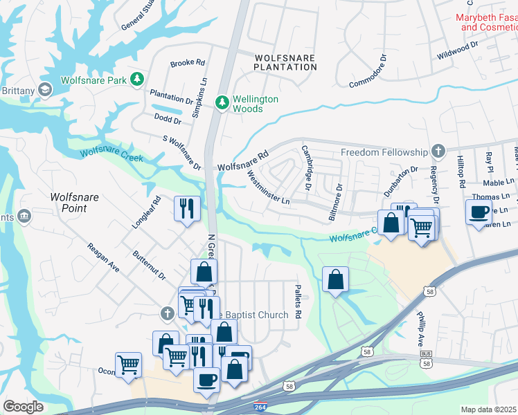 map of restaurants, bars, coffee shops, grocery stores, and more near 418 Sedgewick Court in Virginia Beach