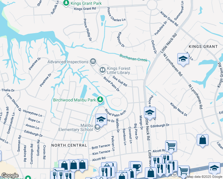 map of restaurants, bars, coffee shops, grocery stores, and more near 3520 Sandy Point Key in Virginia Beach