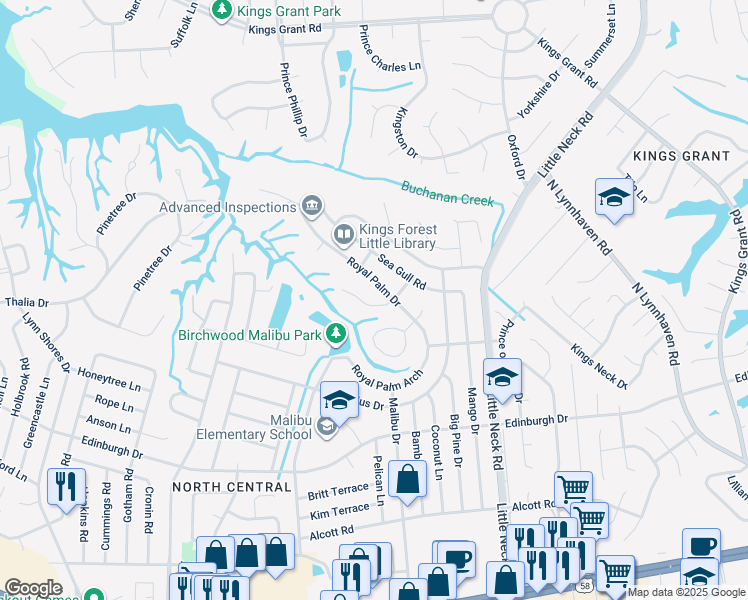 map of restaurants, bars, coffee shops, grocery stores, and more near 3520 Sandy Point Key in Virginia Beach