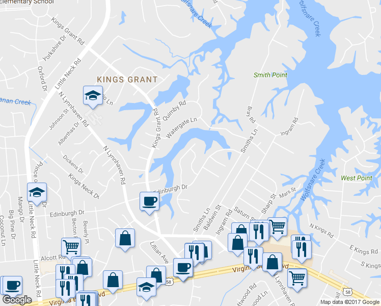 map of restaurants, bars, coffee shops, grocery stores, and more near 536 Canterbury Road in Virginia Beach
