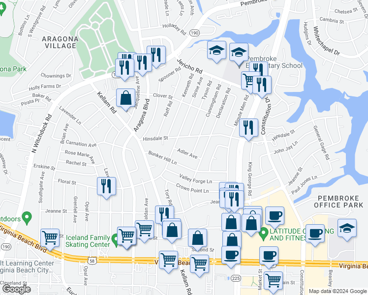 map of restaurants, bars, coffee shops, grocery stores, and more near 4720 Adler Avenue in Virginia Beach
