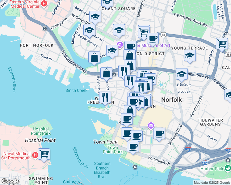 map of restaurants, bars, coffee shops, grocery stores, and more near 323 Yarmouth Street in Norfolk