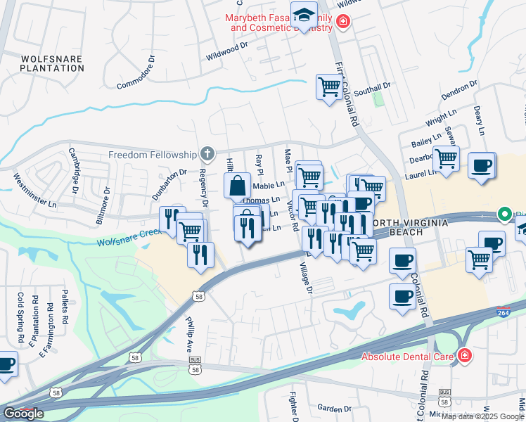 map of restaurants, bars, coffee shops, grocery stores, and more near 1852 Steve Lane in Virginia Beach