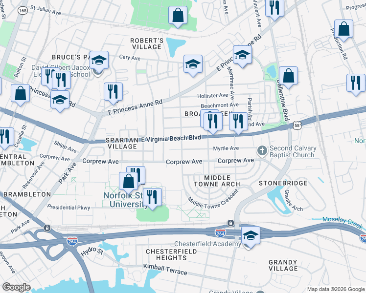 map of restaurants, bars, coffee shops, grocery stores, and more near 2707 East Virginia Beach Boulevard in Norfolk