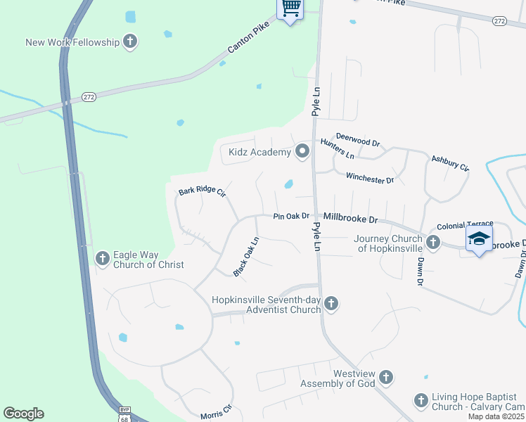 map of restaurants, bars, coffee shops, grocery stores, and more near 2109 Oak Tree Villa in Hopkinsville