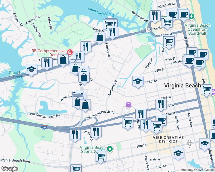 map of restaurants, bars, coffee shops, grocery stores, and more near 881 24th Street in Virginia Beach
