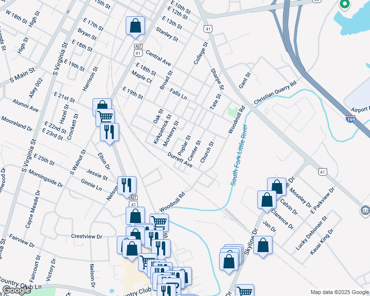 map of restaurants, bars, coffee shops, grocery stores, and more near 2000 Poplar Street in Hopkinsville
