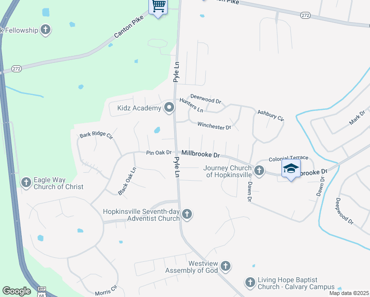 map of restaurants, bars, coffee shops, grocery stores, and more near 1001 Mill Run Court in Hopkinsville