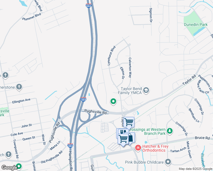 map of restaurants, bars, coffee shops, grocery stores, and more near 3615 Mardean Drive in Chesapeake