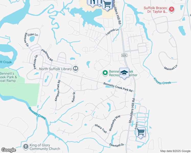 map of restaurants, bars, coffee shops, grocery stores, and more near 3033 Frederick Street in Suffolk