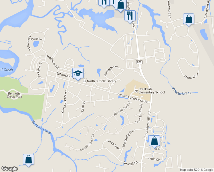 map of restaurants, bars, coffee shops, grocery stores, and more near 3033 Frederick Street in Suffolk
