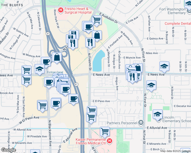map of restaurants, bars, coffee shops, grocery stores, and more near in Fresno