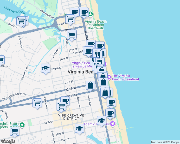 map of restaurants, bars, coffee shops, grocery stores, and more near 309 24th Street in Virginia Beach