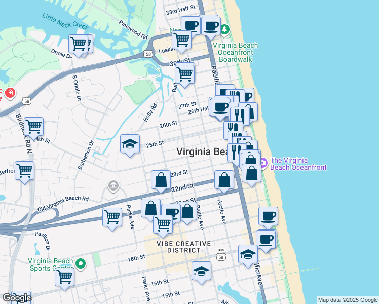 map of restaurants, bars, coffee shops, grocery stores, and more near 2407 Baltic Avenue in Virginia Beach