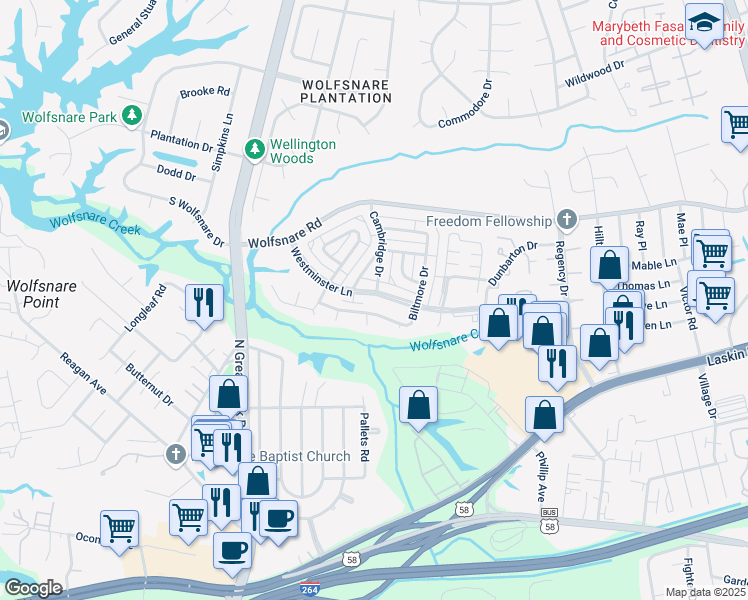 map of restaurants, bars, coffee shops, grocery stores, and more near 770 Westminster Lane in Virginia Beach