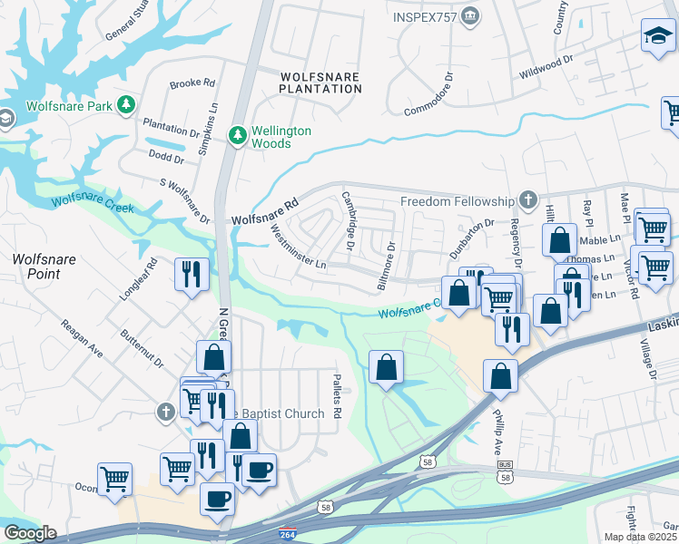 map of restaurants, bars, coffee shops, grocery stores, and more near 770 Westminster Lane in Virginia Beach