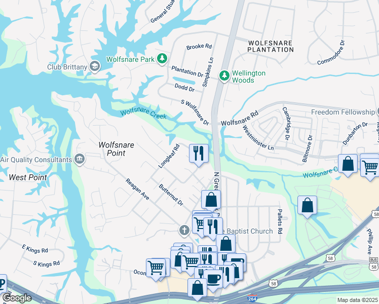 map of restaurants, bars, coffee shops, grocery stores, and more near 544 Longleaf Road in Virginia Beach