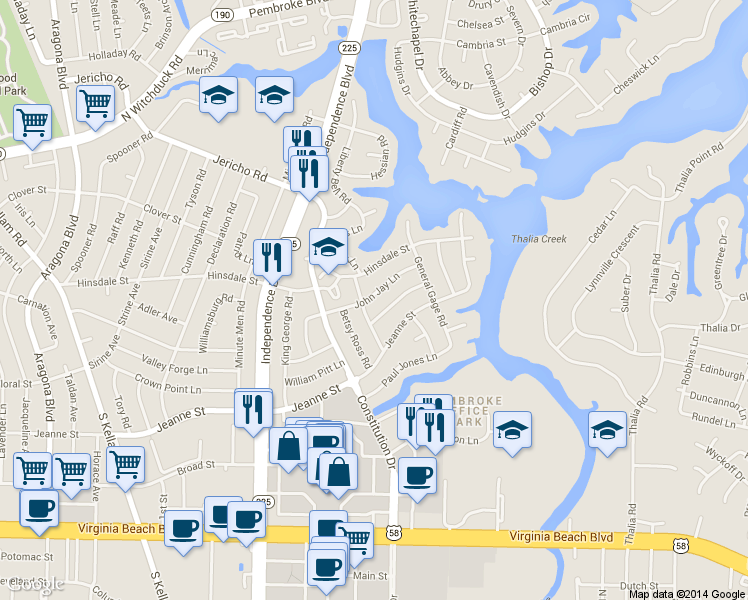 map of restaurants, bars, coffee shops, grocery stores, and more near 504 Schuyler Road in Virginia Beach