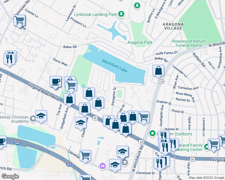 map of restaurants, bars, coffee shops, grocery stores, and more near 454 Peregrine Street in Virginia Beach