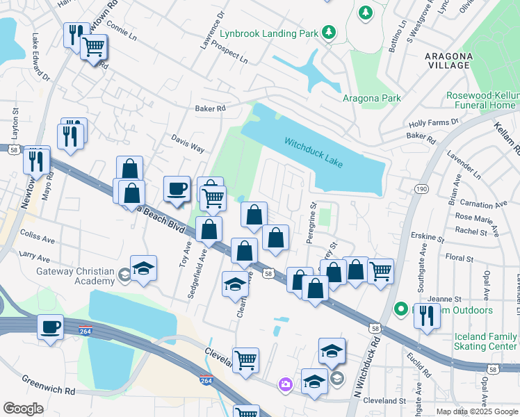 map of restaurants, bars, coffee shops, grocery stores, and more near 5329 Grand Lake Crescent in Virginia Beach