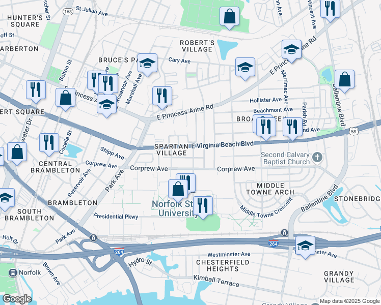 map of restaurants, bars, coffee shops, grocery stores, and more near 929 Mapole Avenue in Norfolk