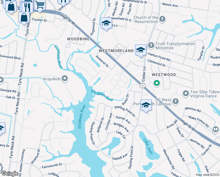 map of restaurants, bars, coffee shops, grocery stores, and more near 3001 Ferguson Drive in Portsmouth