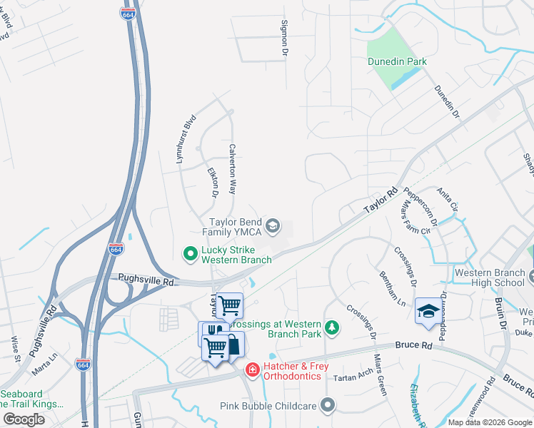 map of restaurants, bars, coffee shops, grocery stores, and more near 3529 Calverton Way in Chesapeake