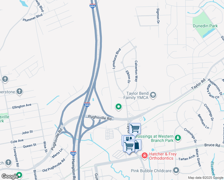 map of restaurants, bars, coffee shops, grocery stores, and more near 3615 Mardean Drive in Chesapeake
