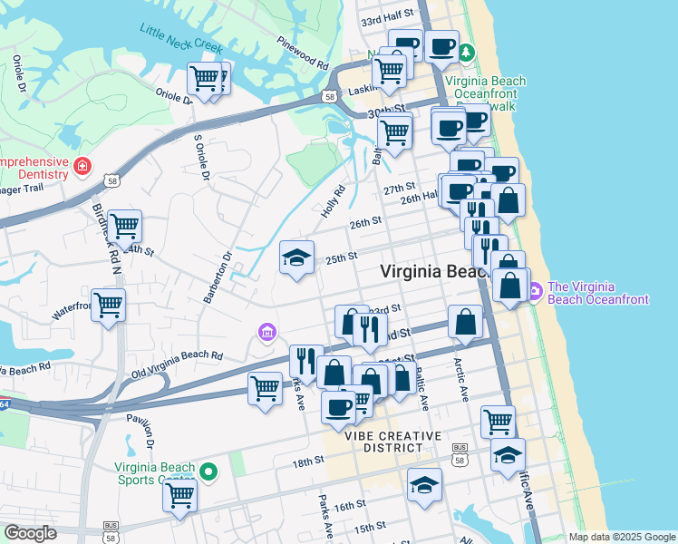 map of restaurants, bars, coffee shops, grocery stores, and more near 600 25th Street in Virginia Beach