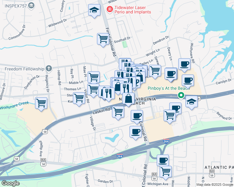 map of restaurants, bars, coffee shops, grocery stores, and more near 737 First Colonial Road in Virginia Beach