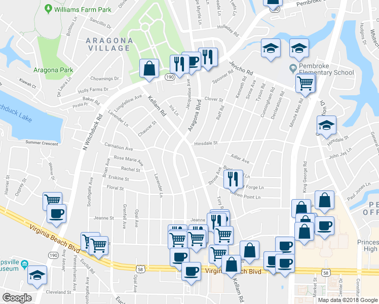 map of restaurants, bars, coffee shops, grocery stores, and more near 545 Kellam Road in Virginia Beach