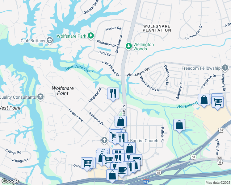 map of restaurants, bars, coffee shops, grocery stores, and more near 604 Malen Road in Virginia Beach