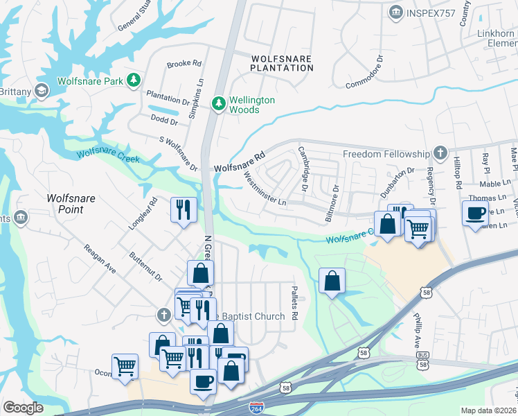 map of restaurants, bars, coffee shops, grocery stores, and more near 418 Sedgewick Court in Virginia Beach