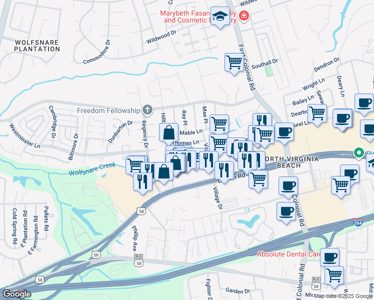 map of restaurants, bars, coffee shops, grocery stores, and more near 1852 Steve Lane in Virginia Beach