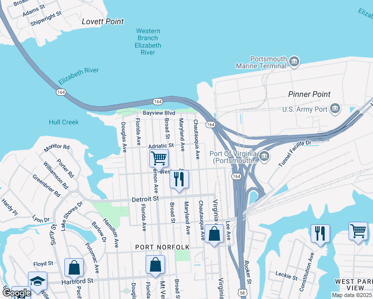 map of restaurants, bars, coffee shops, grocery stores, and more near 207 Maryland Avenue in Portsmouth