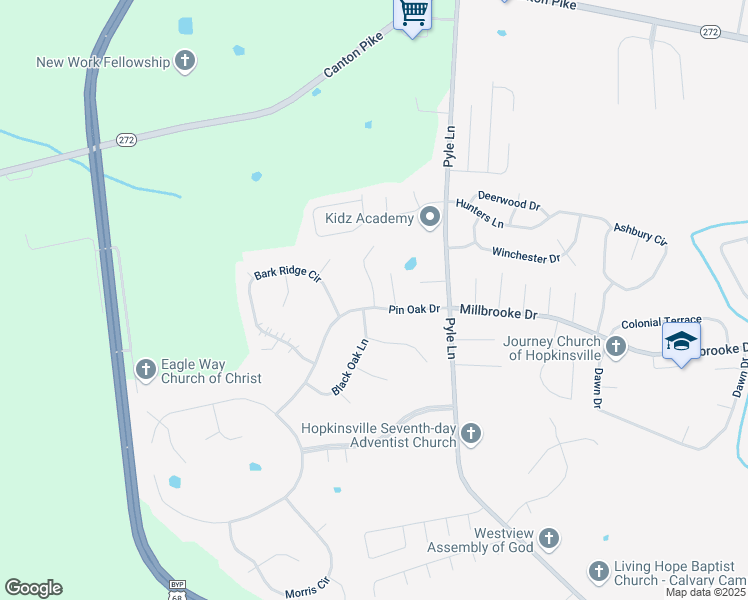 map of restaurants, bars, coffee shops, grocery stores, and more near 2111 Oak Tree Villa in Hopkinsville