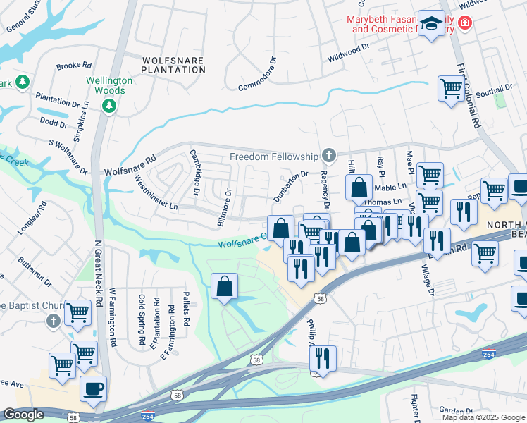 map of restaurants, bars, coffee shops, grocery stores, and more near 2100 Westminster Lane in Virginia Beach