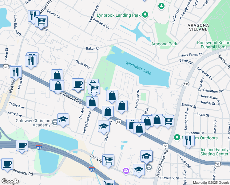 map of restaurants, bars, coffee shops, grocery stores, and more near 5329 Grand Lake Crescent in Virginia Beach