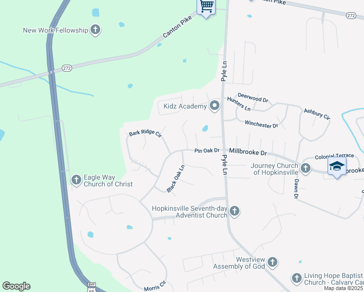 map of restaurants, bars, coffee shops, grocery stores, and more near 2113 Oak Tree Villa in Hopkinsville